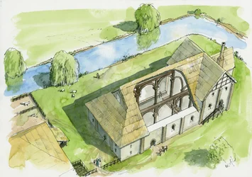 Reconstrução do castelo de Weeting (aguarela sobre papel)