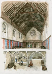 Reconstrução do Palácio de Winchester da época medieval (aguarela sobre papel)