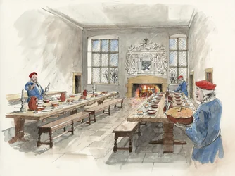 Reconstrução do Grande Salão em Hardwick Old Hall em 1601 (aguarela sobre papel)