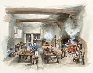 Reconstrução da cozinha em Hardwick Old Hall em 1601 (aguarela sobre papel)
