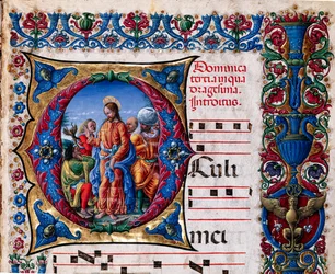 Biblioteca Piccolomini: livro coral, cód. 21.6, ss. 2r com “Expulsão de um espírito imundo”, de Liberale da Verona (cerca de 1445 - 1527/9). Detalhe.