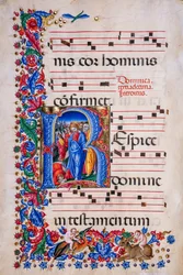 Biblioteca Piccolomini: livro coral, cód. 24.9, ss. 67v com a “Cura do Leproso”, de Liberale da Verona (cerca de 1445 - 1527/9).