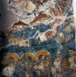 Anjo e Santos, afresco no mosteiro de Agios Georgios, Diavaide, Creta, Grécia (foto)