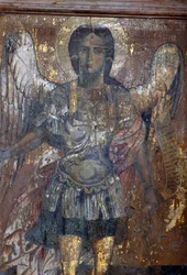Anjo, fresco na igreja bizantina de Sotiras Christos, Vlithias, Creta, Grécia (foto)