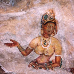 Apsaras, ninfa celestial fazendo uma oferenda, afresco, cidadela fortificada de Sigiriya (Lista do Patrimônio Mundial da UNESCO)