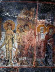 Cristo, Nossa Senhora e Santos, afresco no mosteiro de Agios Georgios, Diavaide, Creta, Grécia (foto)