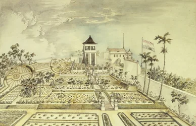 Casa holandesa com jardim fechado na ilha de Java, Indonésia, gravura