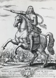 Retrato equestre de Francisco de Bourbon-Vendome (1616-1669), segundo Duque de Beaufort e general francês, gravura de Nicolas de La Fage (1600?-1655)