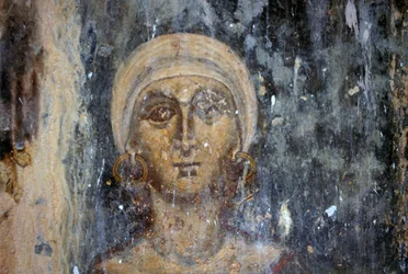 Figura feminina, afresco na igreja bizantina de Agios Athanasios, Kefali, Creta, Grécia (foto)