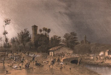 Primeira Divisão da Brigada Regina atacando a Ponte de Montreoli, Palestro, Lombardia