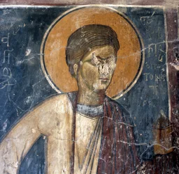 Fresco de santo na igreja bizantina de Agios Georgios Xifoforos, Apodoulou, Creta, Grécia (foto)