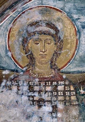 Fresco com santo na igreja bizantina de Agios Georgios, Vathi, Creta, Grécia (foto)