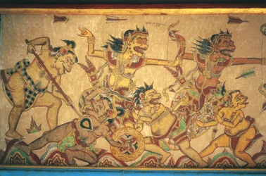 Frescoes retratando cenas de batalhas entre deuses e demônios, pavilhão Kertha Gosa, Palácio Klungkung (Puri Agung Semarapura), Semarapura, Bali, Indonésia
