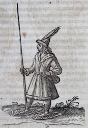 Habitante do Canadá (France Canadienne) com sapatos de neve, ilustração de Description de la Nouvelle France