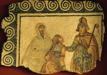 Cena de iniciação, mosaico da vila romana de Negrar, Vêneto, Itália, civilização romana