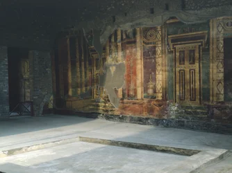 Itália, Campania, Oplonti, zona arqueológica de Torre Annunziata, Villa Romana Poppaea, Frescos com motivos arquitectónicos à Segunda Pompeia