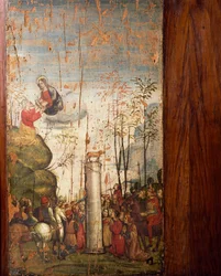 Itália, Milão, Igreja de Santa Maria Graciosa, Velha Sacristia, Moisés no Sinai e o Bezerro de Ouro, tábua de madeira pintada