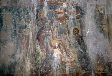 Jesus e lavagem dos pés, fresco na igreja bizantina de Agios Athanasios, Kefali, Creta, Grécia (foto)