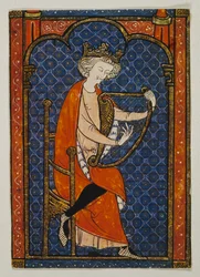 Rei David tocando harpa, miniatura de manuscrito em língua hebraica