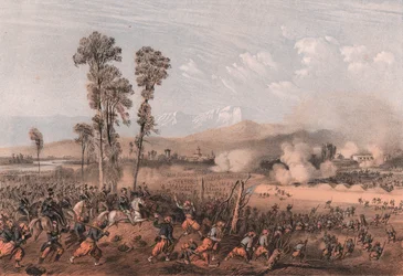 Rei Vittorio Emanuele II liderando tropas durante batalha da Palestro, Lombardia