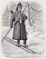 Lars Tuorda, atleta Lappish vencedor da competição de esqui de fundo organizada em 1884 por Adolf Erick Nordenskjold, desenho com tinta indiana