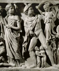 Sarcófago de mármore, Alívio retratando o mito Prometeu, Detalhe, Hermes e um dos Parcaeus ou Destinos, De Arles