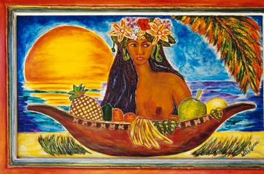 Vidro pintado representando uma mulher polinésia, ilha de Moorea, Ilhas da Sociedade, Polinésia Francesa, território ultramarino da República Francesa, pormenor