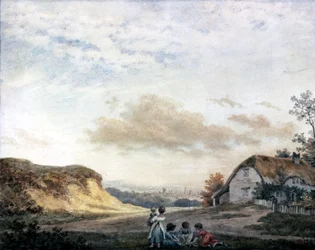 Paisagem rural por Luke Howard com crianças brincando em uma casa de campo, c 1808-1811