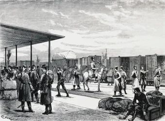 Comboio militar russo na estação de Bustiu, na ferrovia Bucharest-Galati, guerra russo-turca, gravura, Romênia