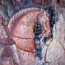 Santo a cavalo, fresco na igreja em Palaia Roumata, Creta, Grécia, Detalhe (foto)