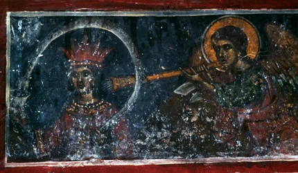 Santo tocando trompa, afresco na Igreja de Agios Ioannis Prodromos, Margaritas, Creta, Grécia (foto)