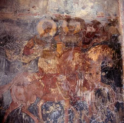 Santos a cavalo, afresco na igreja, Komitates, Creta, Grécia (foto)
