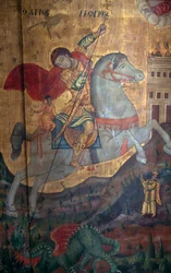 São Jorge e Dragão, detalhe de painel de madeira na igreja de Agia Paraskevi, Anisaraki, Creta, Grécia (foto)