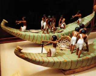 Modelo de madeira de barcos e rede de pesca, detalhe
