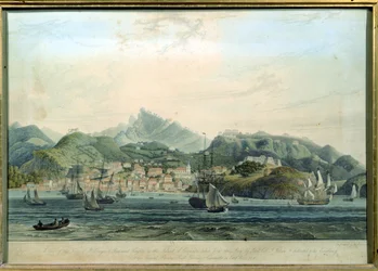 Uma vista da cidade de St. George e Richmond Heights, na ilha de Granada, gravada por William Daniell 1769-1837, c.1810