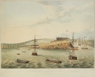 Ataque em Fort Oswego, Lago Ontário, América do Norte. 6 de maio de 1814, meio-dia e assalto a Fort Oswego pelo segundo batalhão de fuzileiros navais e um grupo de marinheiros, 15m depois das doze horas ao meio-dia, gravado por R. Havell, 1815