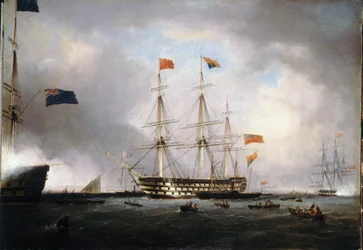 Visita da Rainha Vitória I do Reino Unido (Reino Unido) (1819-1901) ao HMS "Queen", em Portsmouth (Inglaterra), a 1 de março