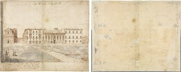 Dezoito Vistas de Roma: O Collegio di Propaganda Fide (reto); Esboços de janelas e pilastras do sótão do Collegio di Propaganda Fide (verso)
