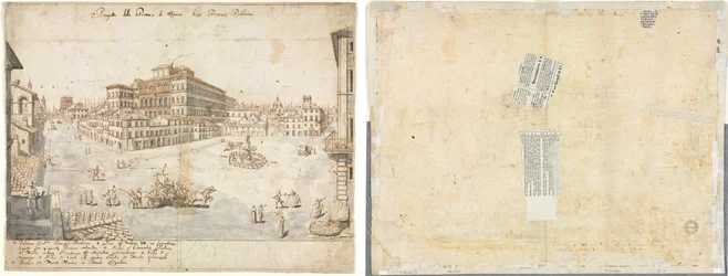Dezoito Vistas de Roma: A Piazza Barberini (reto); Traçado de uma fonte de Recto e esboços de duas faces (verso)