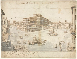 Dezoito vistas de Roma: a Piazza Barberini retoma ..., 1665.