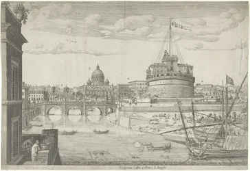 Vista de Roma Proppectus caftri e Pontis S. Angeli (título no objeto)
