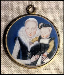 Miniatura do retrato de Lady Katherine Seymour, nee Grey (c.1538-68) Condessa de Hertford, segurando seu filho pequeno e usando a miniatura do marido, c.1562