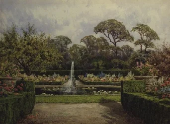 O Lily Pond Garden com uma lagoa circular e uma fonte de cervejas (aguarela e guache)