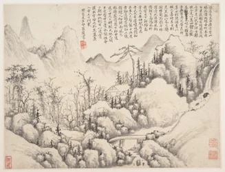 Retiro na montanha, folha do Álbum de Zhou Lianggong, datável de 1654-55 (folha de um álbum coletivo de muitas folhas; tinta e cor sobre papel)