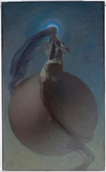 "La quete" (The Quest) Representação onirique, silhueta feminina posee sur un globo - Peinture de Lindsay Bernard Hall (1859-1935) vers 1905 - Óleo sobre tela Dim 154x94,5 cm Galeria Nacional da Austrália, Camberra
