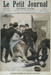Assassinato de um policial por um anarquista, ilustração da capa do &39;Le Petit Journal&39;, 3 de março de 1895