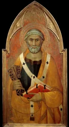 Representação de São Pedro (San Pietro) Detrempe sobre madeira por Lippo Memmi (conhecido de 1317-1347) Sol do século XIV. 0,94x0,44 m - Representação de São Pedro (San Pietro). Tempera sobre madeira de Lippo Memmi (conhecida de 1317 a 1347)