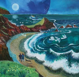 Caminhantes em Hartland Bay, 2019 (acrílicos sobre papel)