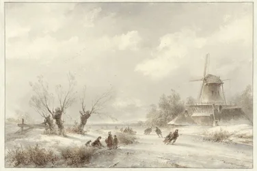 Paisagem de Inverno com patinadores de gelo perto de um moinho