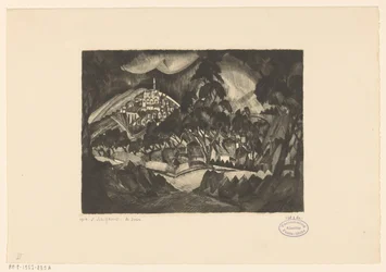 Paisagem montanhosa com árvores e edifícios Le Soir (título original no objeto)